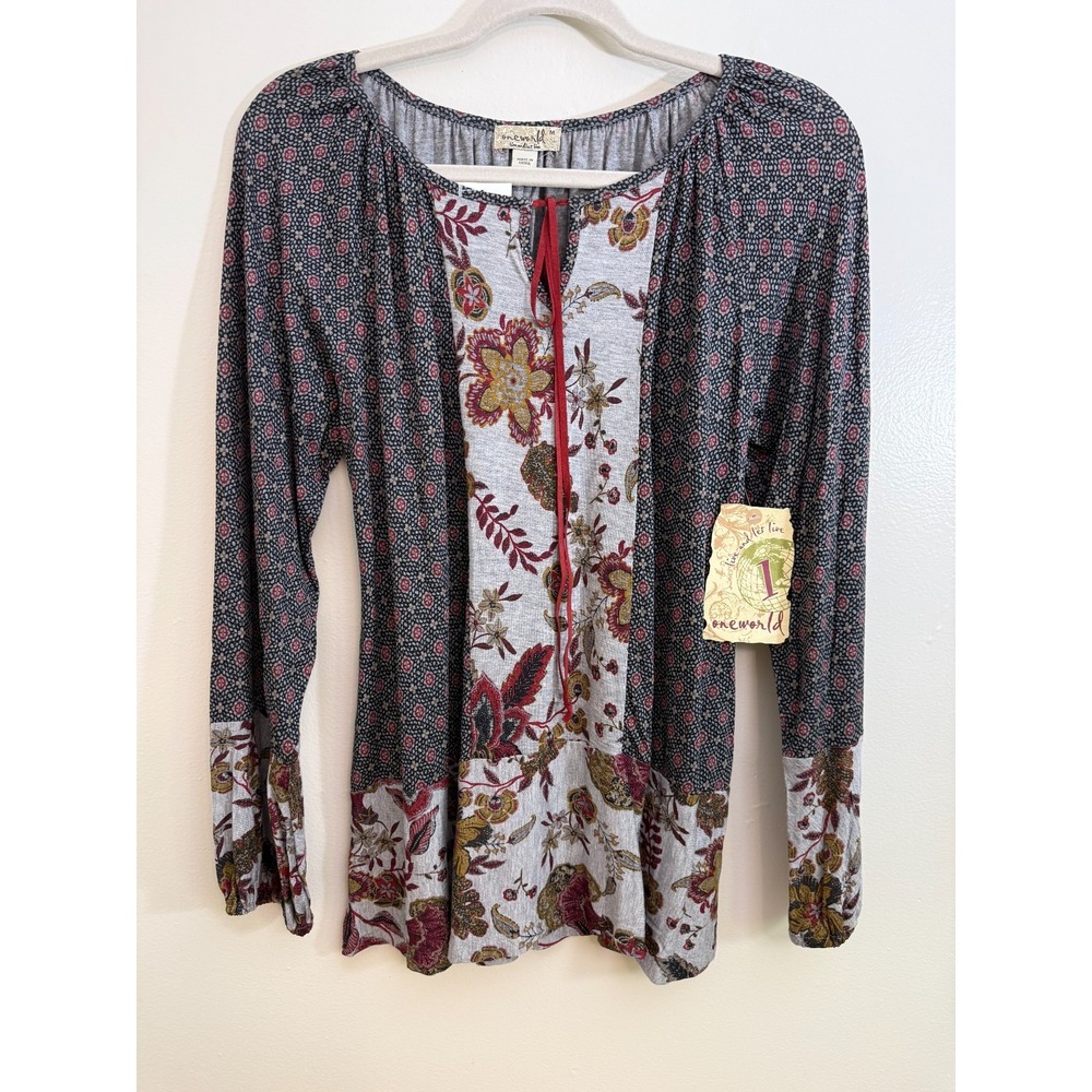 New! One World Blouse Womens Medium Pullover Boho Long Sleeve Lightweight
